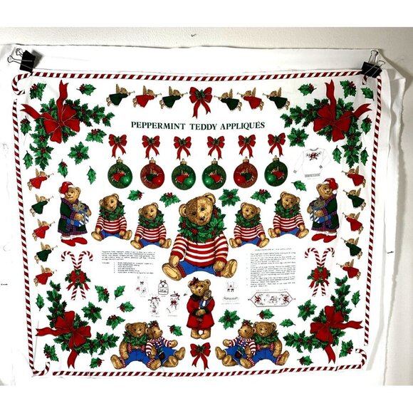 Peppermint Teddy Appliques Fabric Panel 35"x44" Christmas Bows Holly Bears - Picture 1 of 8